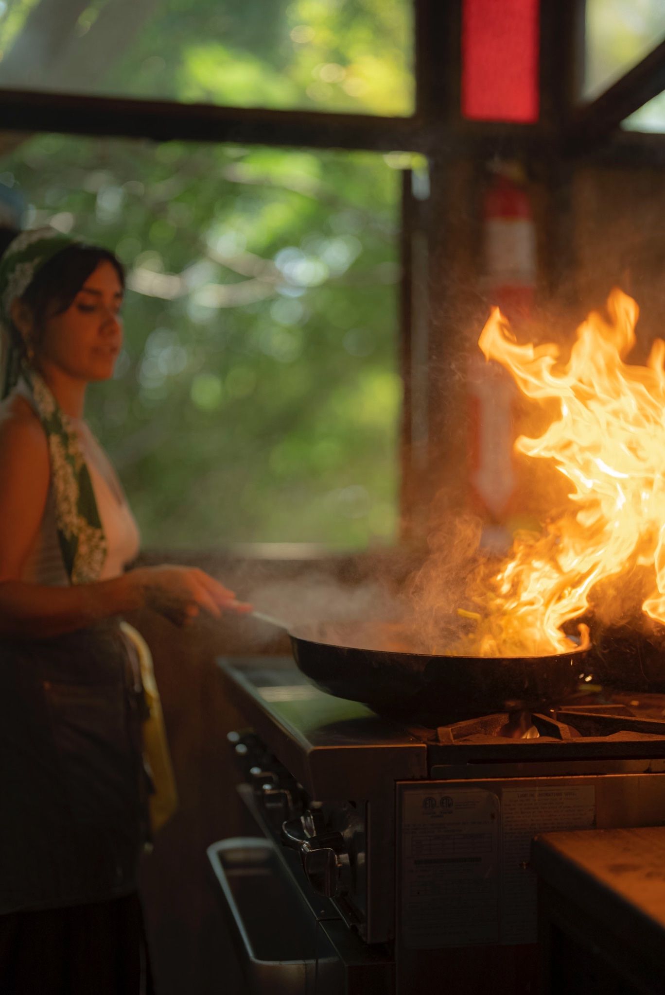 Cocinera salteando en un sartén en llamas frente a la ventana
